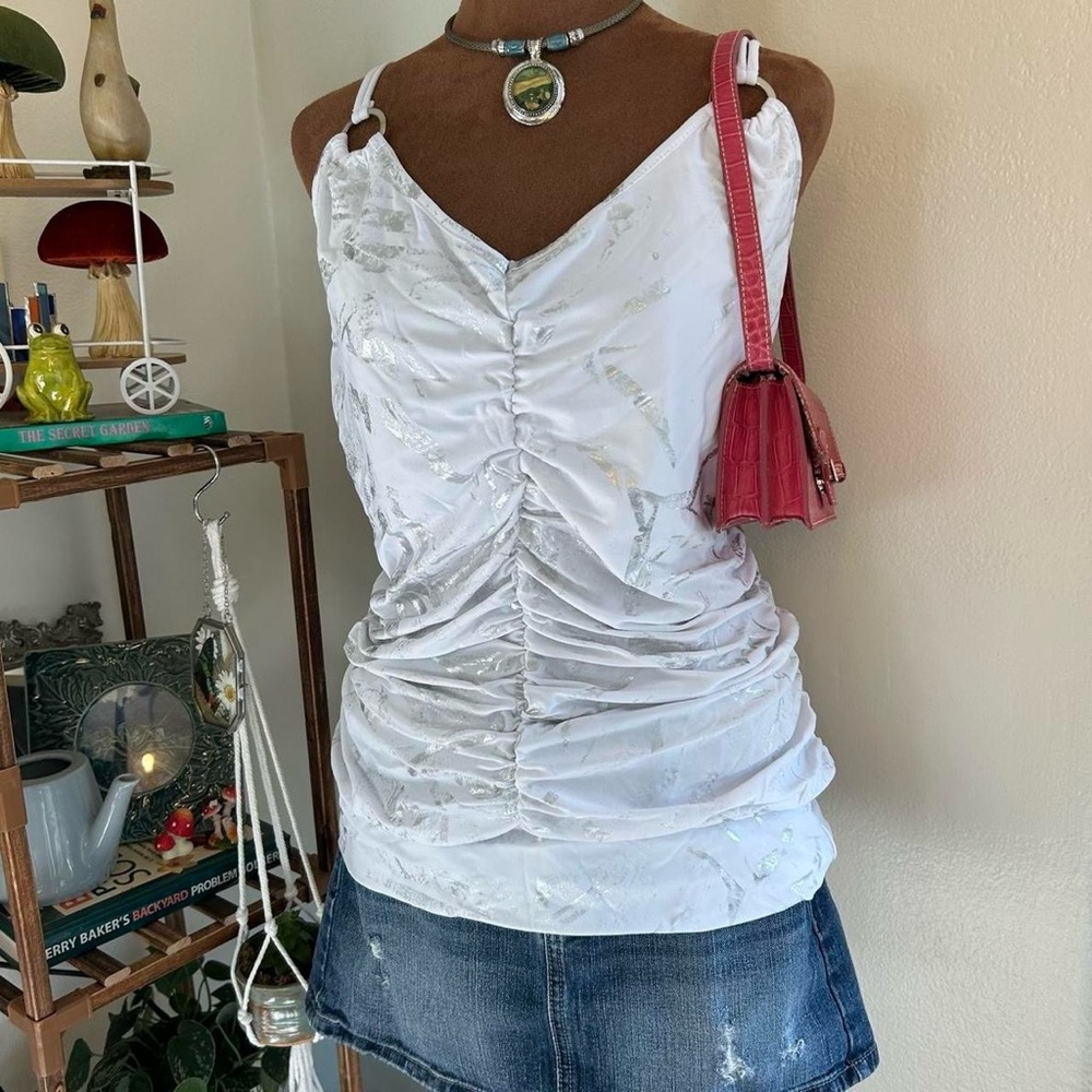 Y2K NEW White & Silver Ruched Tank Top w O-Ring Detail on Straps by MKM Designs
